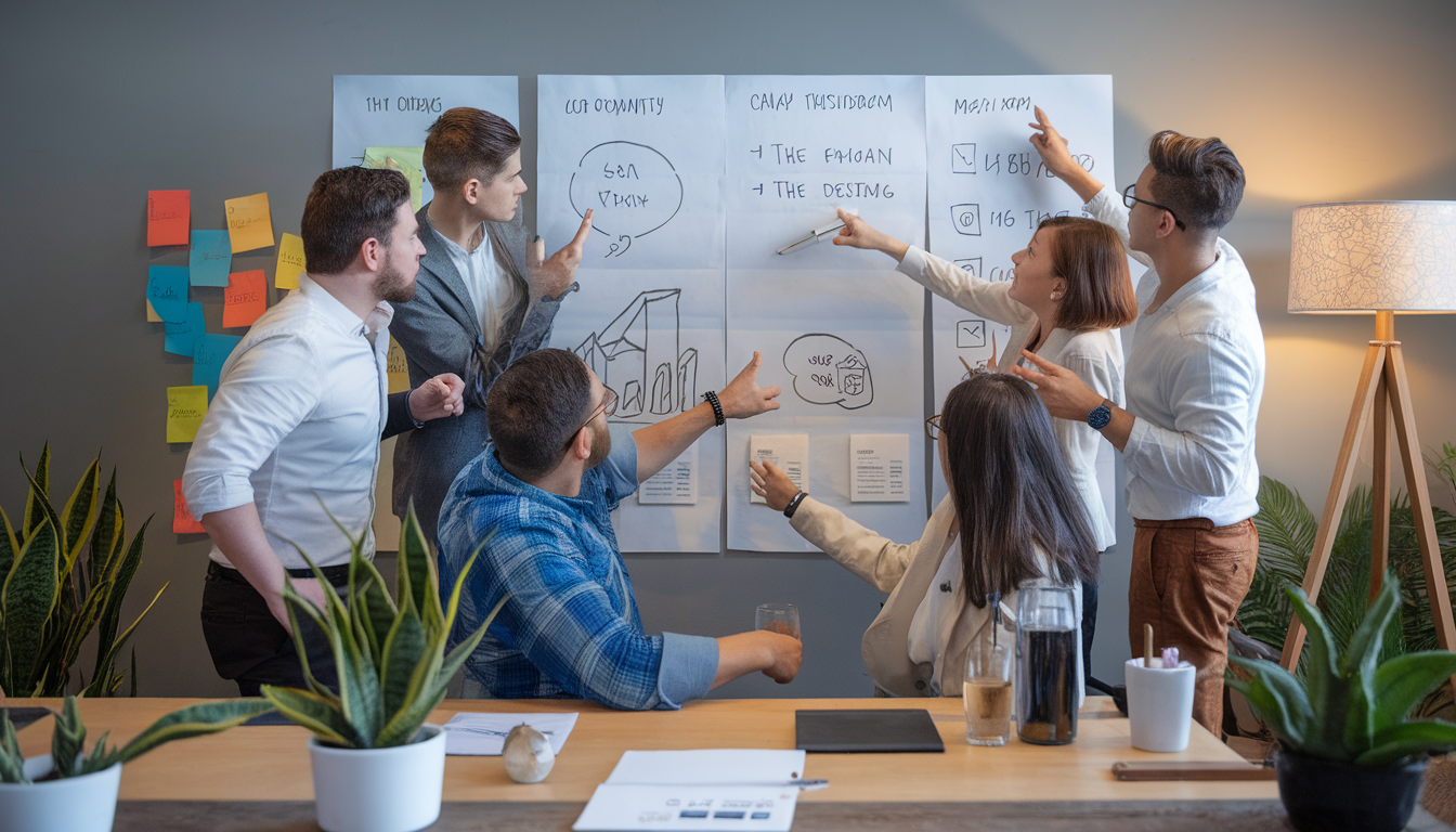 Performance digitale équipe en pleine collaboration autour d’un tableau visuel